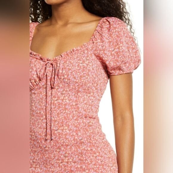 Bp. Pink Multi Floral Dress With Puff Sleeves & Tie Detail 1X‎ - Picture 1 of 5